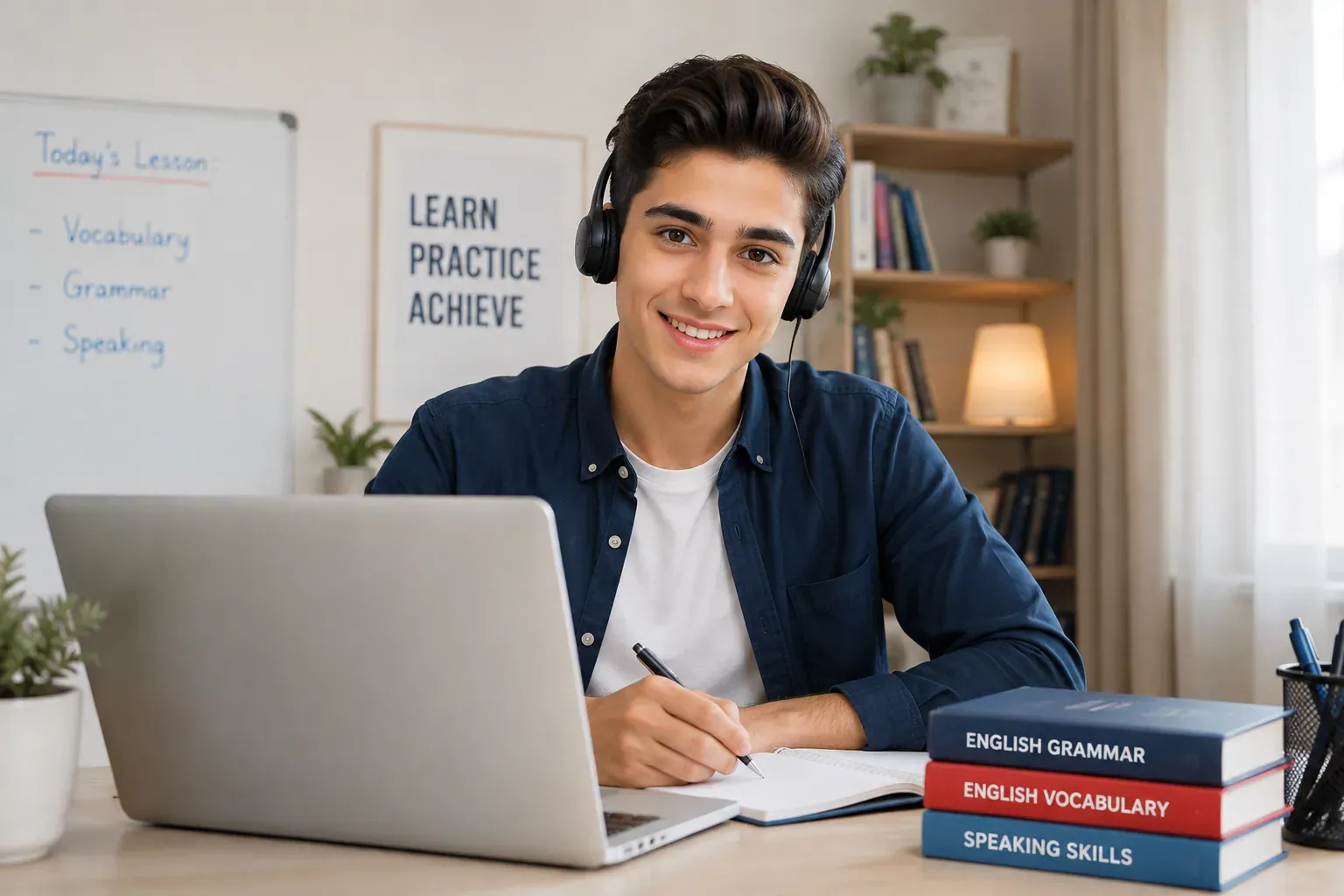 کلاس خصوصی آنلاین زبان در دیاکو؛ زبان‌آموز با هدست پشت لپ‌تاپ